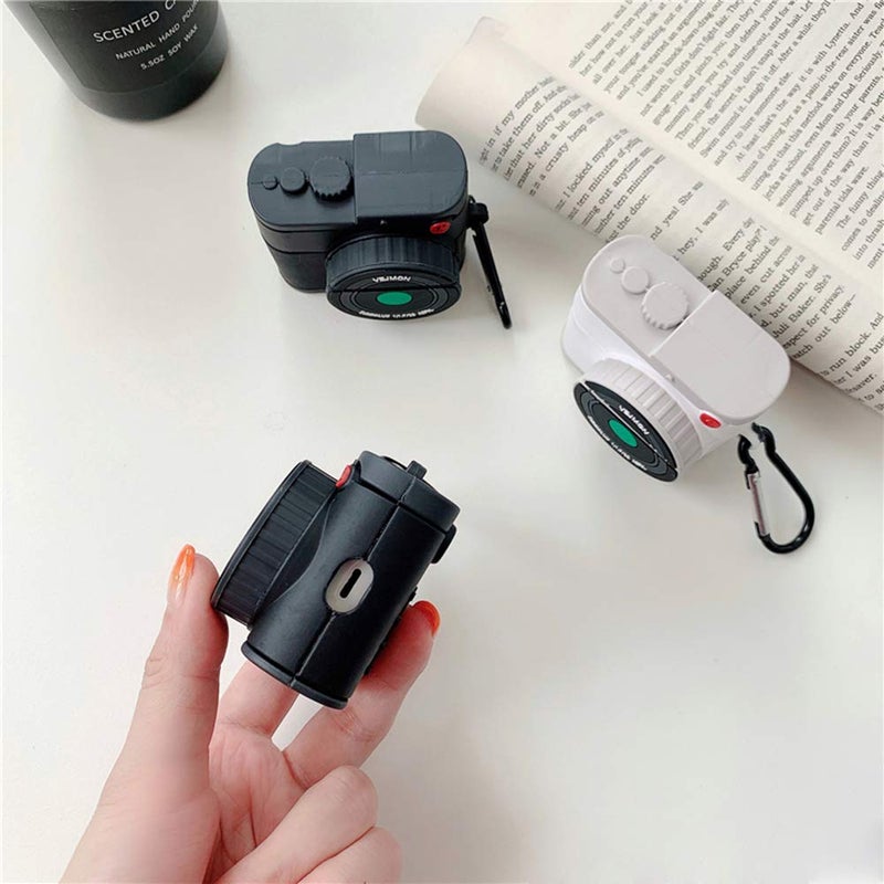 UnnFiko Camera Airpods Case, Retro 3D Cartoon Soft Silicone Protective Cool Airpods 1 & 2 Charging Cover with Keychain (Camera Black, Airpods 1 & 2) - Image 5
